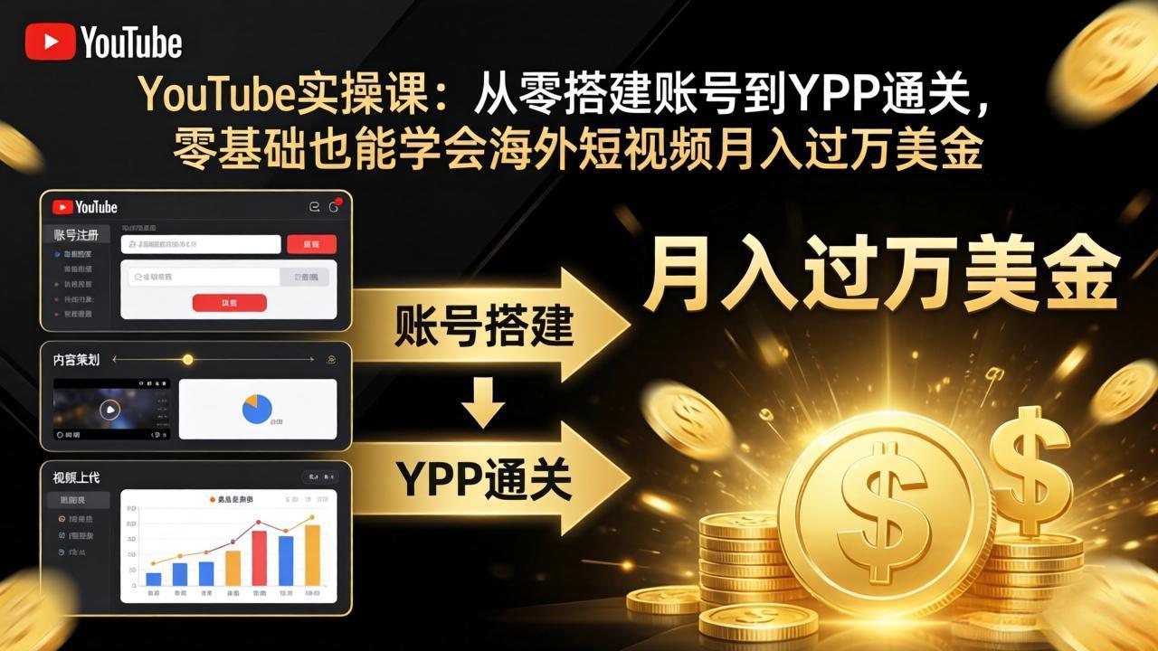 YouTube实操课：从零搭建账号到YPP通关，零基础也能学会海外短视频月入过万美金-鑫源云网创