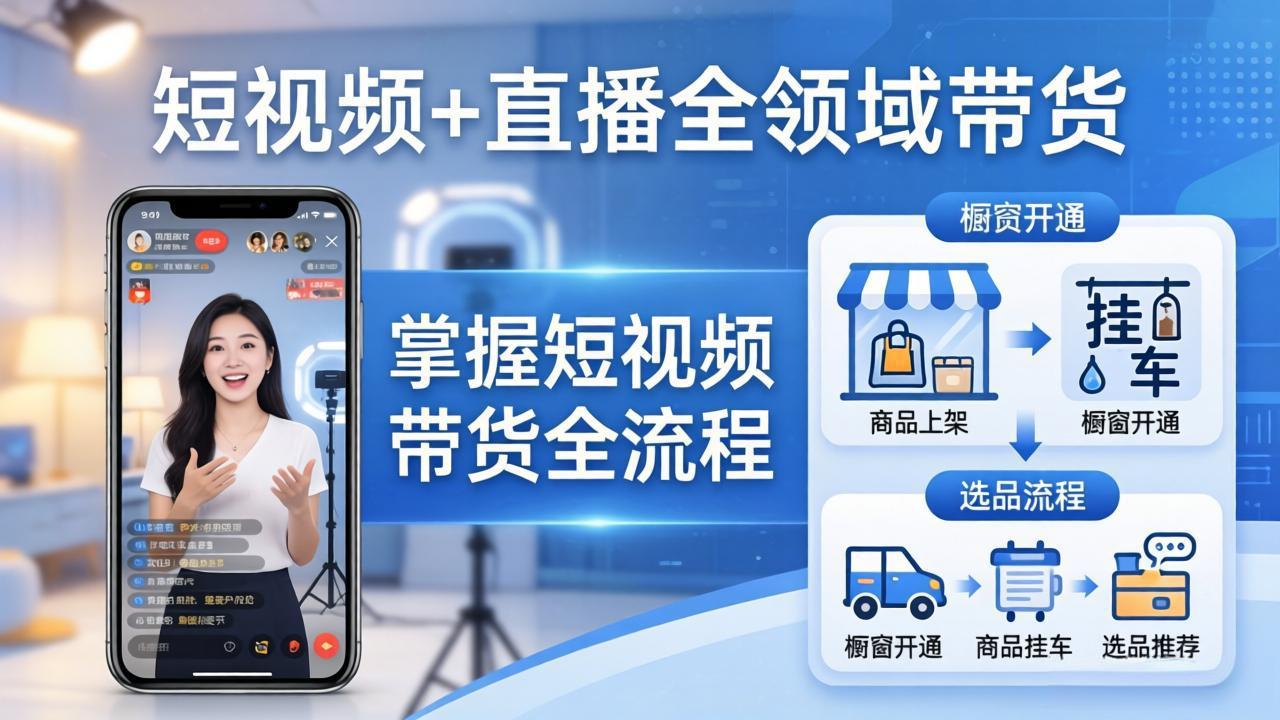 短视频+直播全领域带货：掌握橱窗开通、挂车、选品、爆款文案改编等短视频带货全流程-鑫源云网创