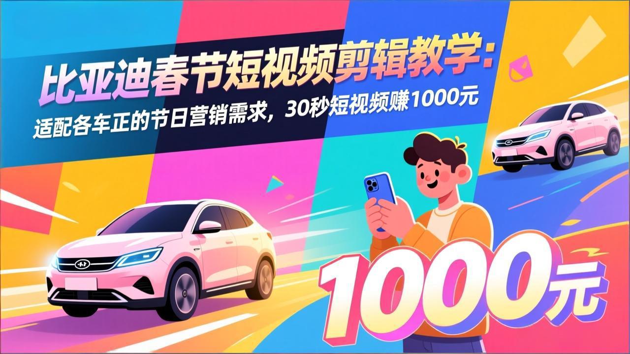 比亚迪春节短视频剪辑教学：适配各车企的节日营销需求，30秒短视频赚1000元-鑫源云网创