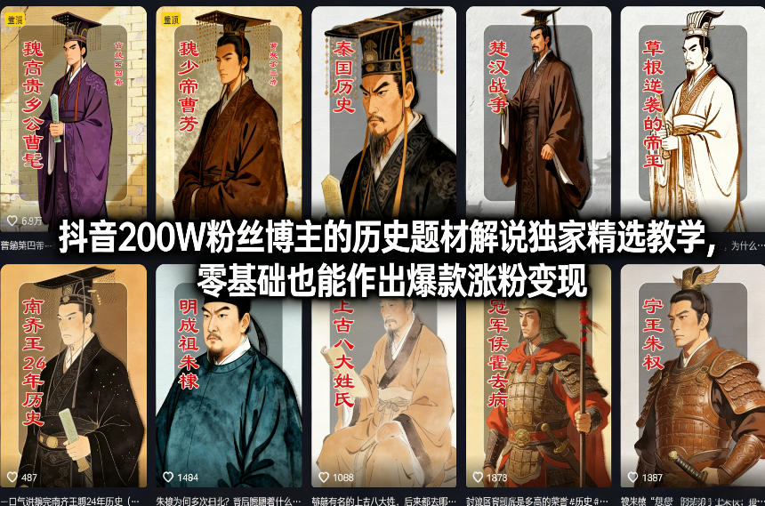 抖音200W粉丝博主的历史题材解说独家精选教学，零基础也能作出爆款涨粉变现-鑫源云网创