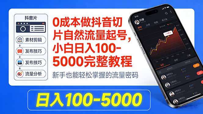 0成本做抖音切片自然流量起号，小白日入100-5000完整教程-鑫源云网创