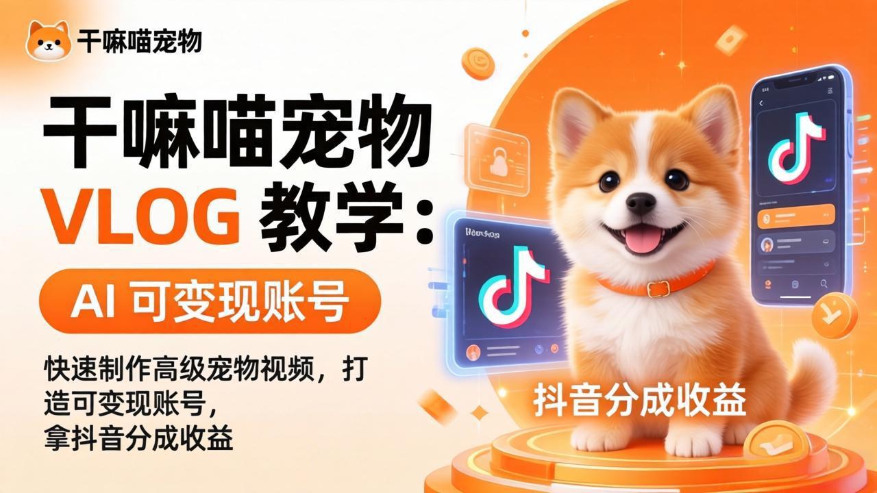 干嘛喵宠物 VLOG 教学：AI 快速制作高级宠物视频，打造可变现账号，拿抖音分成收益-鑫源云网创