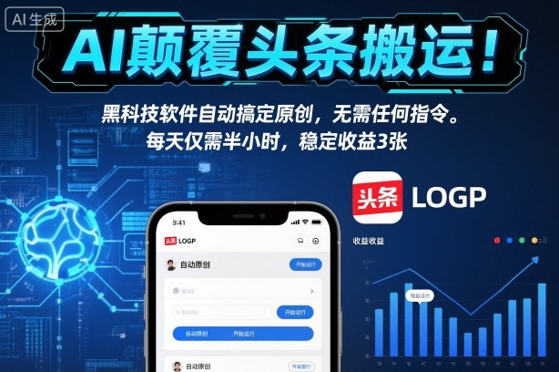 AI颠覆头条搬运！黑科技软件自动搞定原创，无需任何指令。每天仅需半小时，稳定收益3张【揭秘】-鑫源云网创