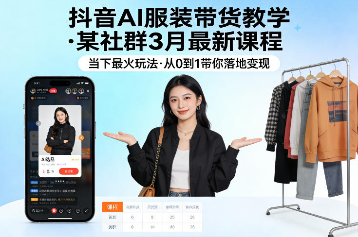抖音AI服装带货教学，某社群3月最新课程，当下最火玩法，从0到1带你落地变现-鑫源云网创