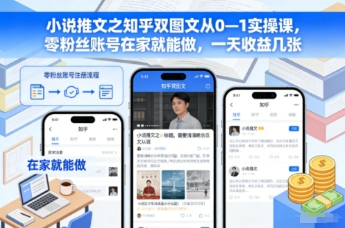 小说推文之知乎双图文从0—1实操课，零粉丝账号在家就能做，一天收益几张-鑫源云网创