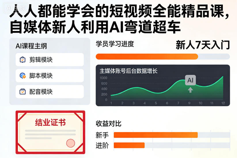 人人都能学会的短视频全能精品课，自媒体新人利用AI弯道超车-鑫源云网创