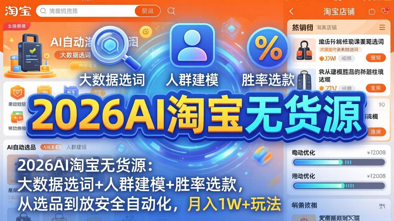 2026AI淘宝无货源-4月更新：大数据选词+人群建模+胜率选款，从选品到放大全自动化，月入1W+玩法-鑫源云网创