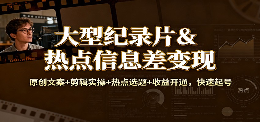 大型纪录片&热点信息差变现：原创文案+剪辑实操+热点选题+收益开通，快速起号-鑫源云网创
