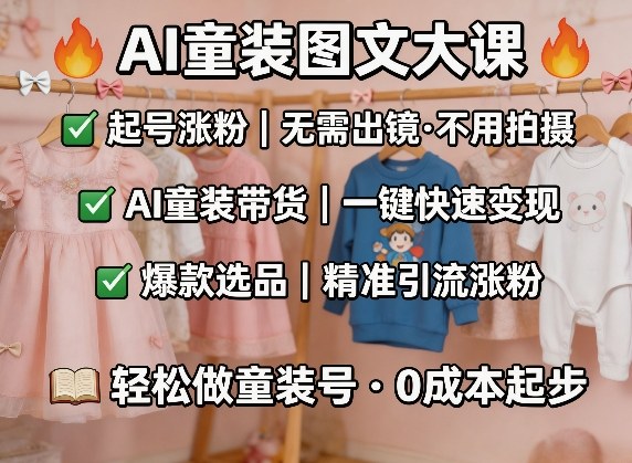 AI童装图文剪辑，某社群童装图文大课，起号涨粉、AI童装带货、爆款选品，无需出镜和拍摄-鑫源云网创