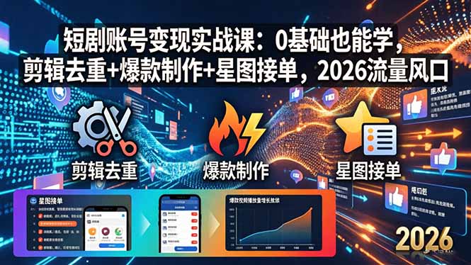 短剧账号变现实战课：0基础也能学，剪辑去重+爆款制作+星图接单，2026流量风口-鑫源云网创