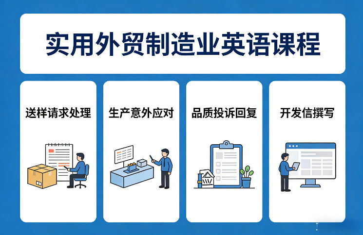 实用外贸制造业英语课程，教你专业处理送样请求、应对生产意外、回复品质投诉、撰写开发信等-鑫源云网创