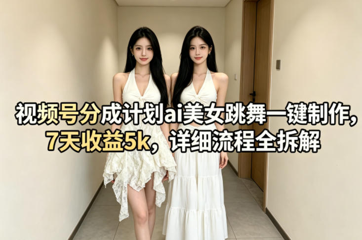 视频号分成计划ai美女跳舞一键制作，7天收益5k，详细流程全拆解-鑫源云网创