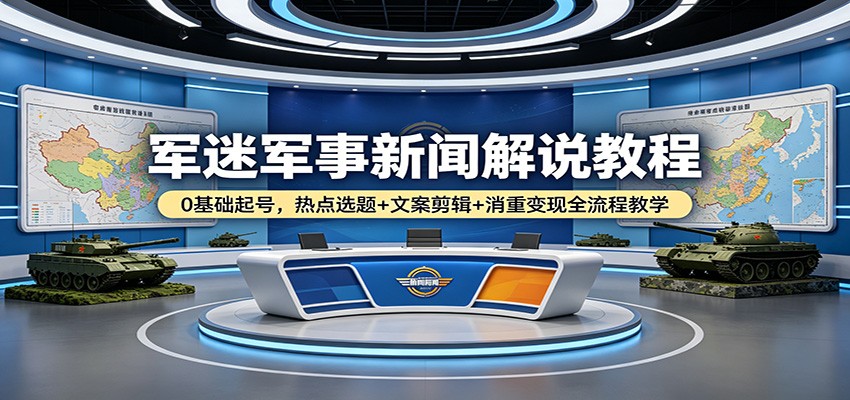 军迷军事新闻解说教程：0基础起号，热点选题+文案剪辑+消重变现全流程教学-鑫源云网创