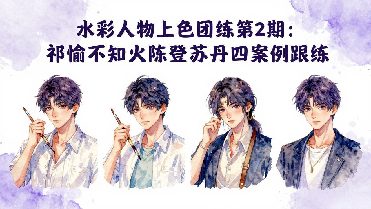 水彩人物上色团练第2期：祁煜不知火陈登苏丹四案例跟练，手把手提升绘画能力-鑫源云网创