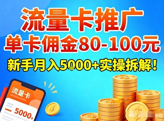 流量卡推广，单卡佣金80-100，新手月入5k+实操拆解！-鑫源云网创