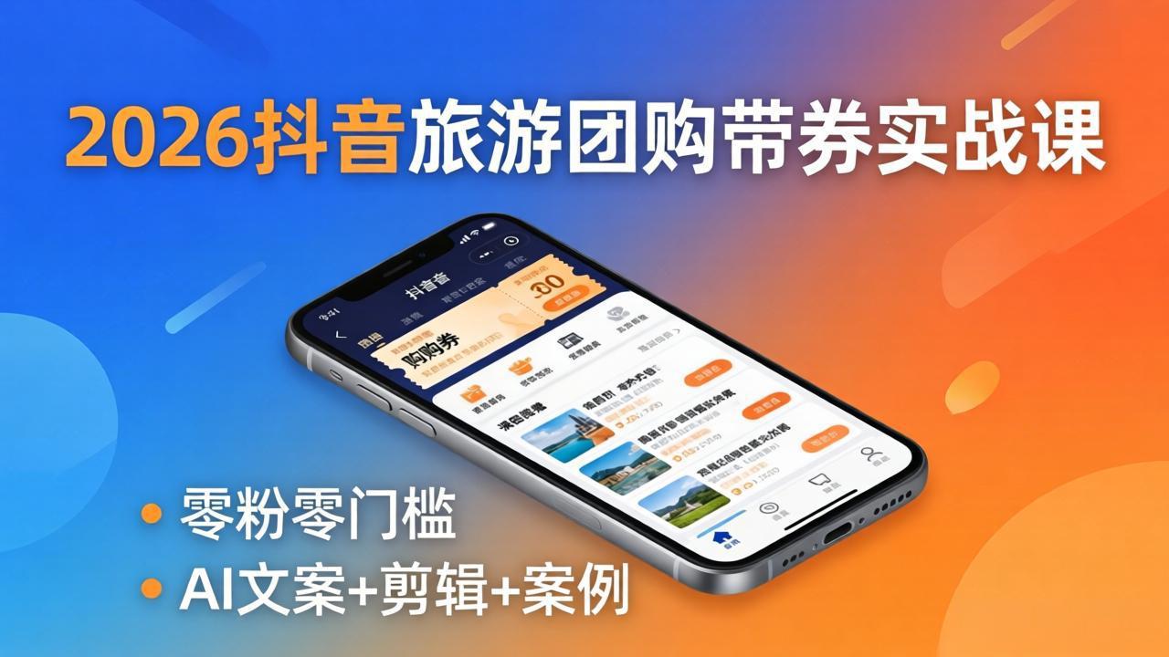 2026抖音旅游团购带券实战课：零粉零门槛，AI文案+剪辑+案例，躺着赚门票佣金-鑫源云网创