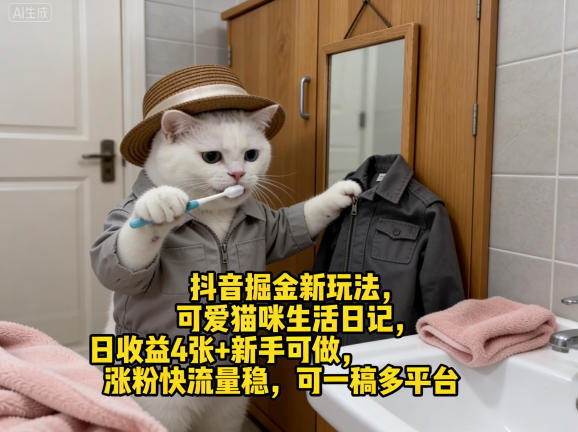 抖音掘金新玩法,可爱猫咪生活日记,日收益4张+新手可做,涨粉快流量稳,可一稿多平台-鑫源云网创