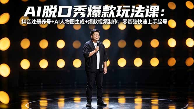AI脱口秀爆款玩法课：抖音注册养号+AI人物图生成+爆款视频制作，零基础快速上手起号-鑫源云网创