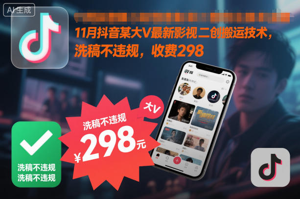 11月抖音某大V最新影视二创搬运技术，洗稿不违规，收费298-鑫源云网创