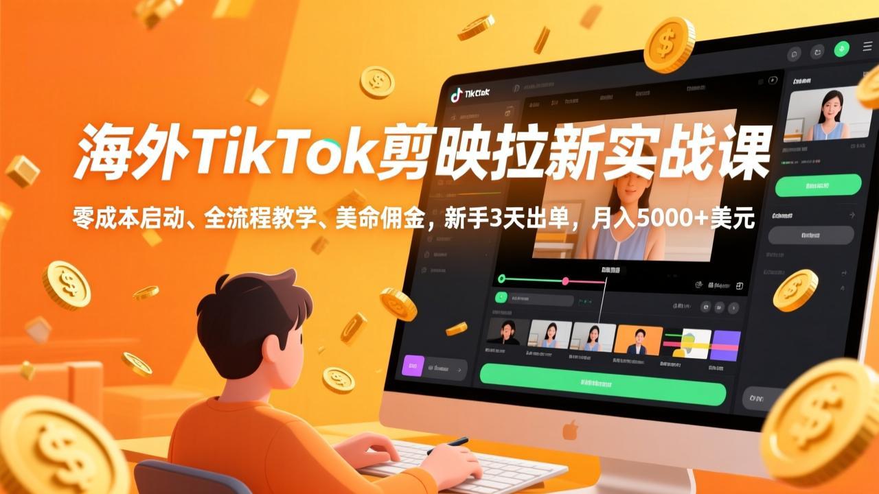 海外TikTok剪映拉新实战课,零成本启动、全流程教学、美金佣金,新手3天出单,月入5000+美元-鑫源云网创