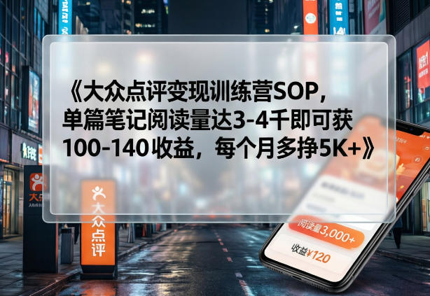 大众点评变现训练营SOP,单篇笔记阅读量达3-4千即可获100-140收益,每个月多挣5K+-鑫源云网创