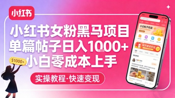 小红书女粉黑马项目，单篇帖子日入1k+，小白零成本上手-鑫源云网创