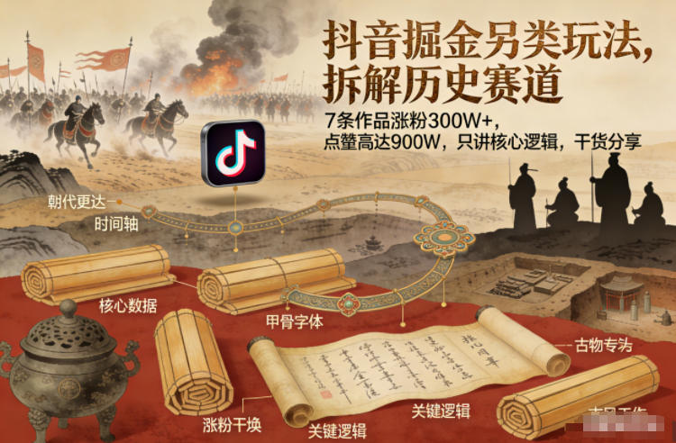 抖音掘金另类玩法，拆解历史赛道，7条作品涨粉300W+，点赞量高达900W，只讲核心逻辑，干货分享-鑫源云网创
