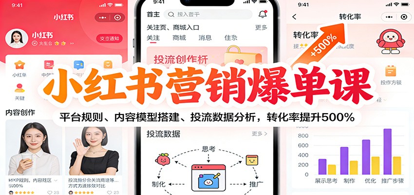 小红书营销爆单课：平台规则、内容模型搭建、投流数据分析，转化率提升500%-鑫源云网创