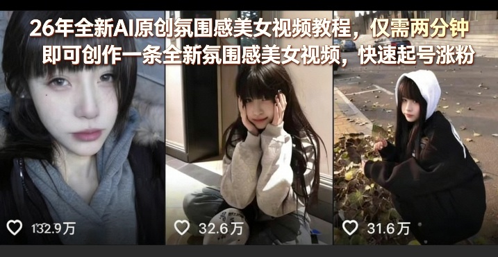 26年全新AI原创氛围感美女视频教程，仅需两分钟即可创作一条全新氛围感美女视频，快速起号涨粉-鑫源云网创