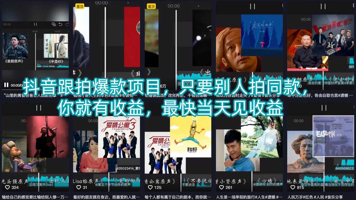 抖音跟拍爆款项目，只要别人拍同款，你就有收益，最快当天见收益-鑫源云网创