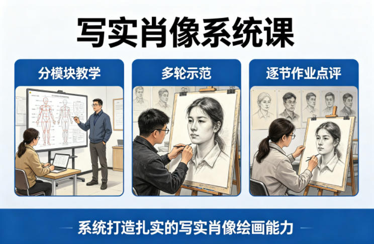 写实肖像系统课，全程分模块教学+多轮示范+逐节作业点评，系统打造扎实的写实肖像绘画能力-鑫源云网创