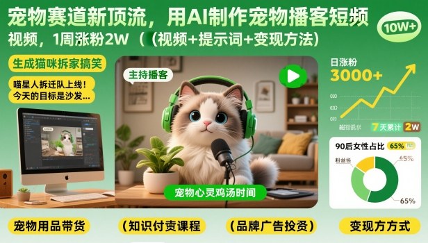 宠物赛道新顶流，用AI制作宠物播客短视频，1周涨粉2W(视频+提示词+变现方法)-鑫源云网创