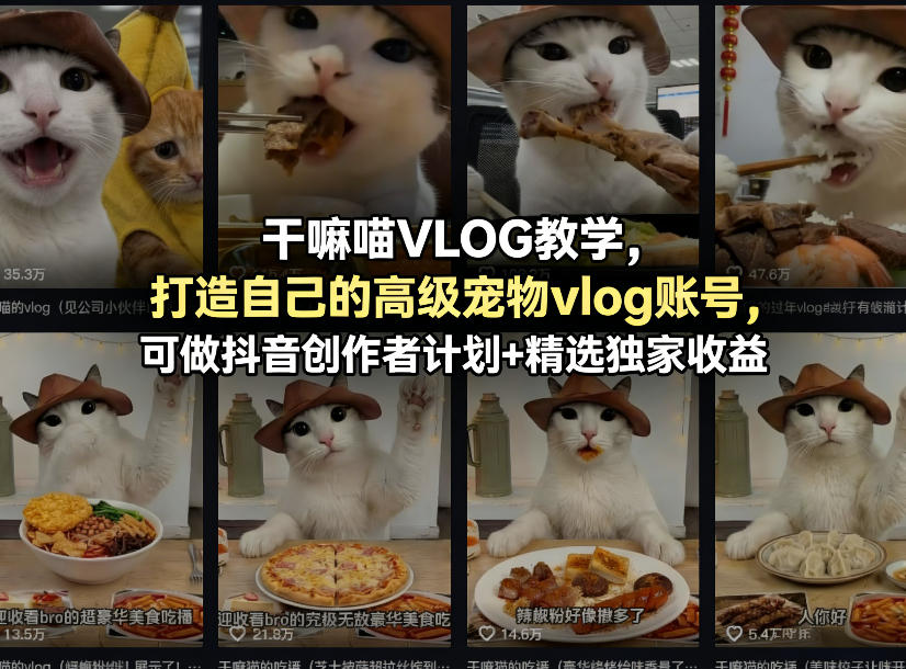 干嘛喵VLOG教学，打造自己的高级宠物vlog账号，可做抖音创作者计划+精选独家收益-鑫源云网创