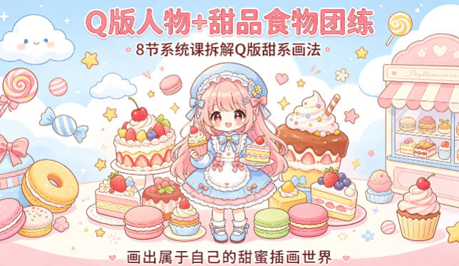 Q版人物+甜品食物团练，8节系统课拆解Q版甜系画法，画出属于自己的甜蜜插画世界-鑫源云网创