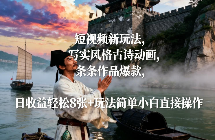 短视频新玩法，写实风格古诗动画，条条作品爆款，日收益轻松8张+玩法简单小白直接操作-鑫源云网创