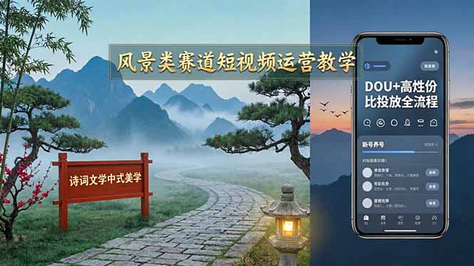 风景类赛道短视频运营教学：诗词文学中式美学，新号养号对标账号定位，DOU+高性价比投放全流程-鑫源云网创