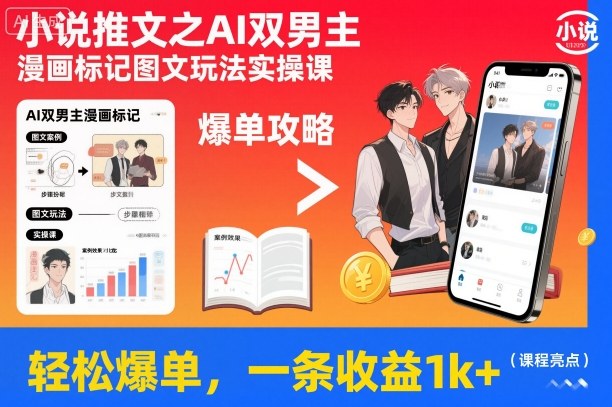 小说推文之AI双男主漫画标记图文玩法实操课，轻松爆单，一条收益1k+-鑫源云网创