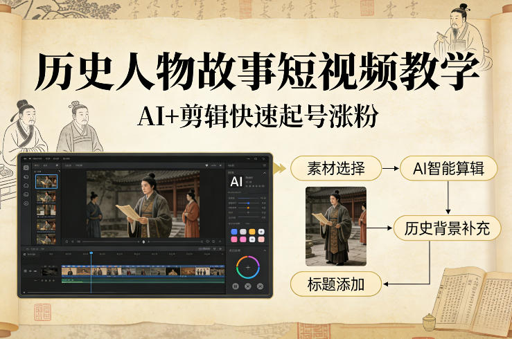 历史人物故事短视频教学，AI+剪辑制作历史人物题材短视频，快速起号涨粉-鑫源云网创