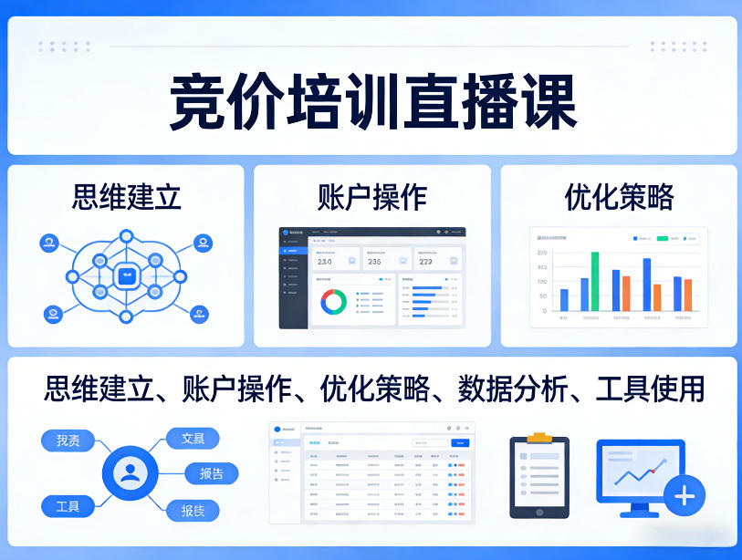 竞价培训直播课,覆盖思维建立、账户操作、优化策略、数据分析、工具使用等,全方位提升效果-鑫源云网创