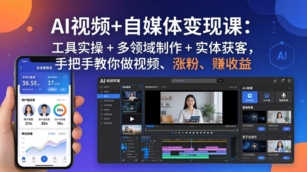 AI视频+自媒体变现课:工具实操 + 多领域制作 + 实体获客,手把手教你做视频、涨粉、赚收益-鑫源云网创