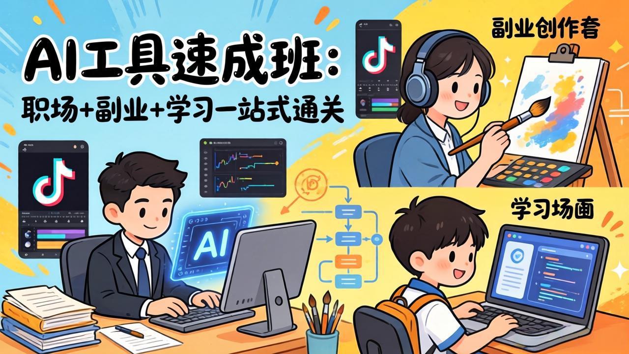 AI工具速成班：职场+副业+学习一站式通关，20+爆款类型+剪映技巧+抖音算法，0基础快速上手-鑫源云网创