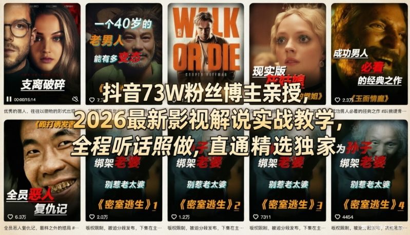 抖音73W粉丝博主亲授，2026最新影视解说实战教学，全程听话照做，直通精选独家-鑫源云网创