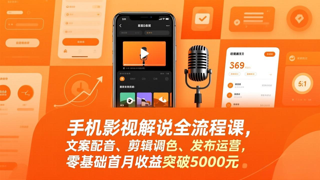 手机影视解说全流程课，文案配音、剪辑调色、发布运营，零基础首月收益突破5000元-鑫源云网创